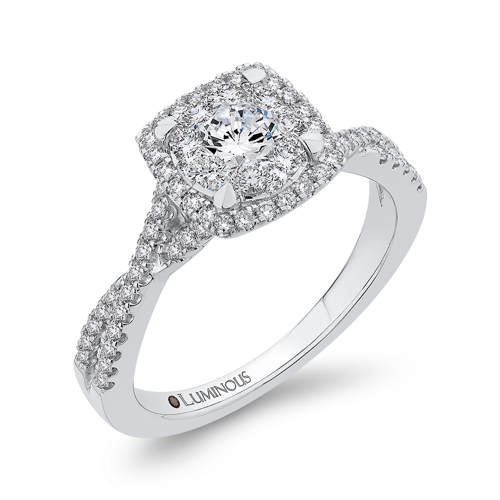 Diamond Halo Engagement Ring with Criss-Cross Shank in 14K White Gold