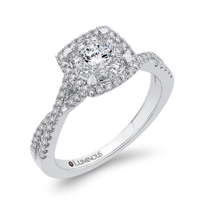 Diamond Halo Engagement Ring with Criss-Cross Shank in 14K White Gold