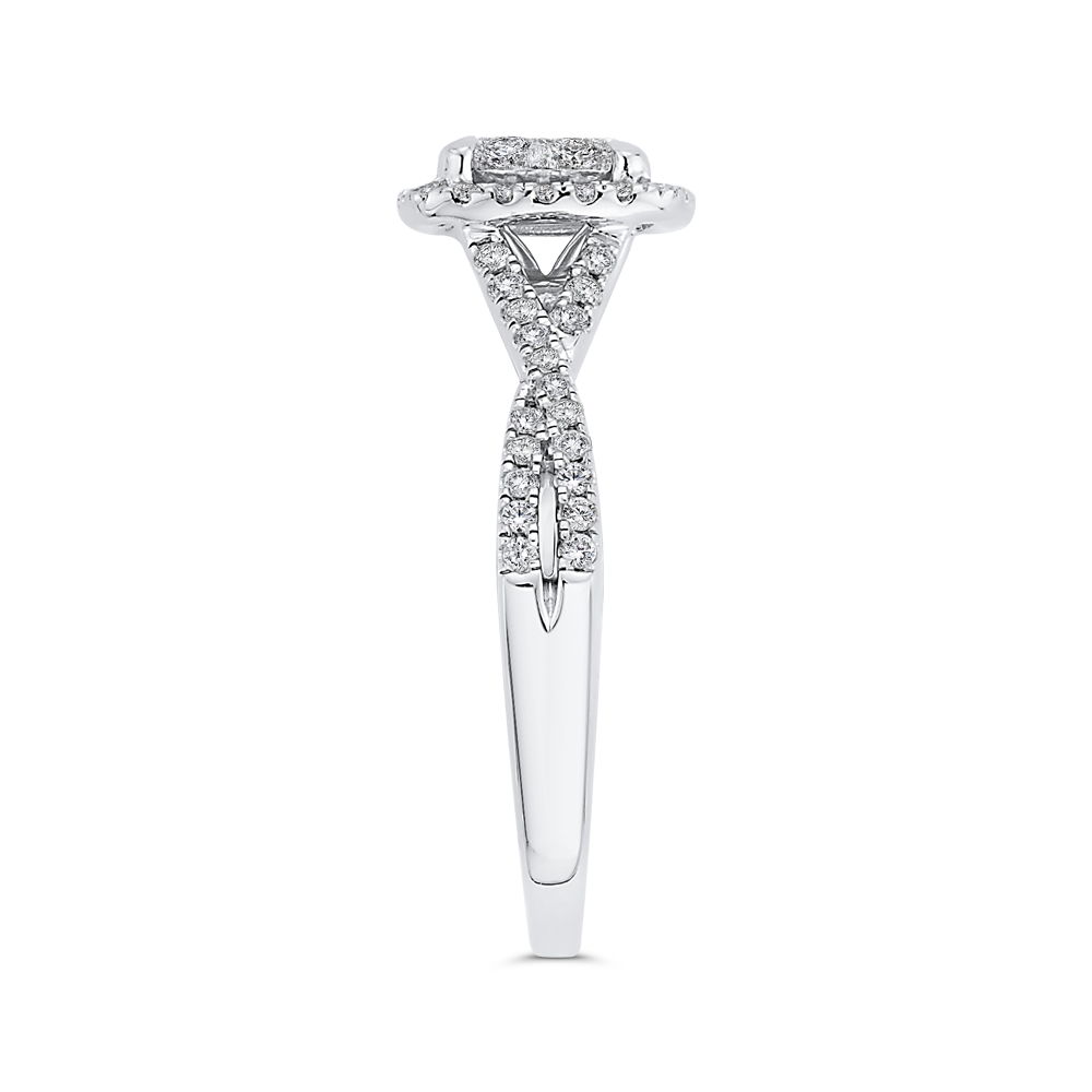 Diamond Halo Engagement Ring with Criss-Cross Shank in 14K White Gold