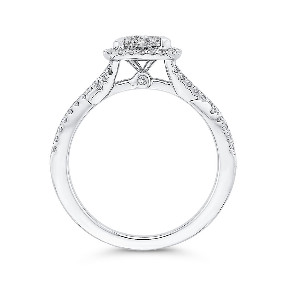 Diamond Halo Engagement Ring with Criss-Cross Shank in 14K White Gold