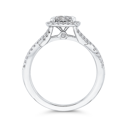 Diamond Halo Engagement Ring with Criss-Cross Shank in 14K White Gold