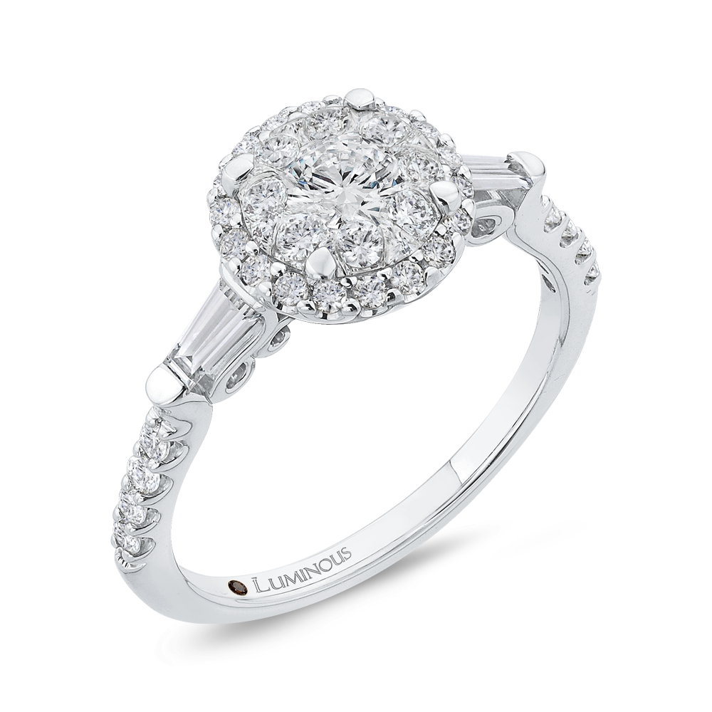 Round & Baguette Cut Diamond Halo Engagement Ring in 14K White Gold