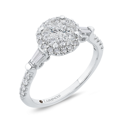 Round & Baguette Cut Diamond Halo Engagement Ring in 14K White Gold