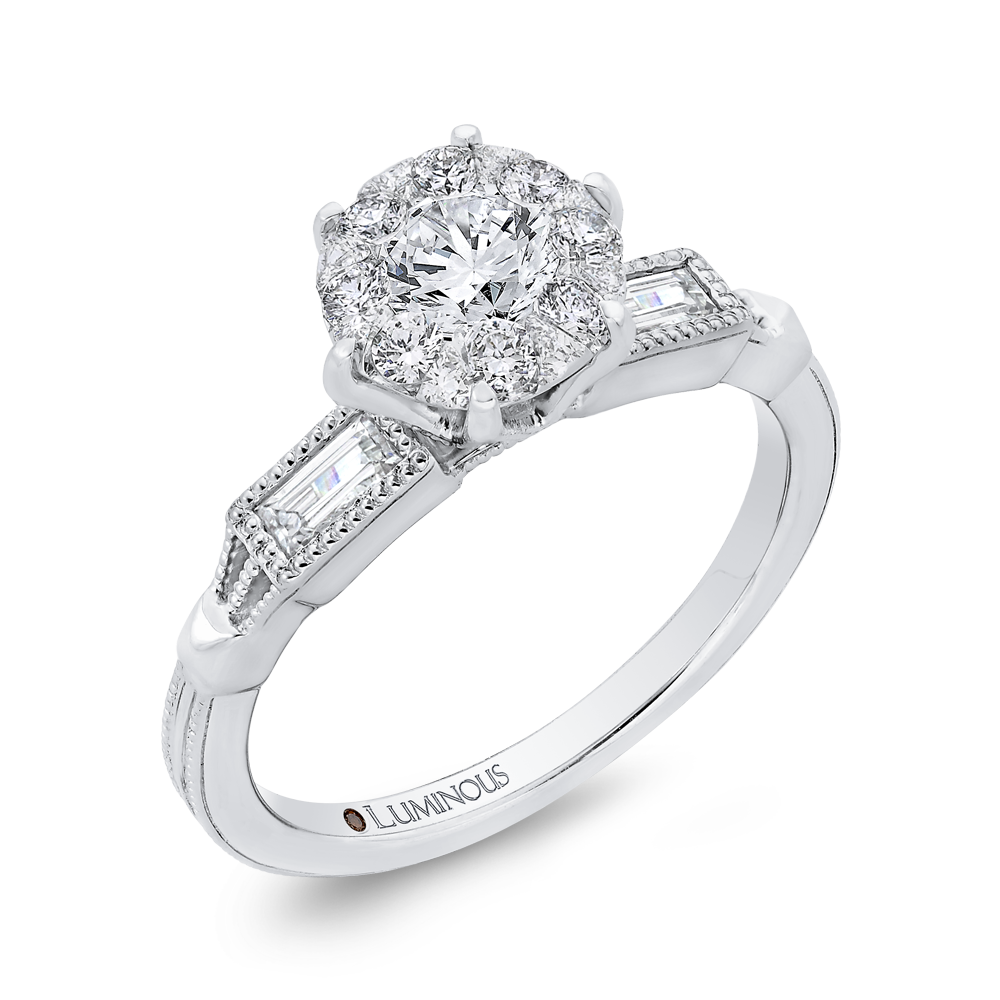 Round and Baguette Cut Diamond Engagement Ring in 14K White Gold