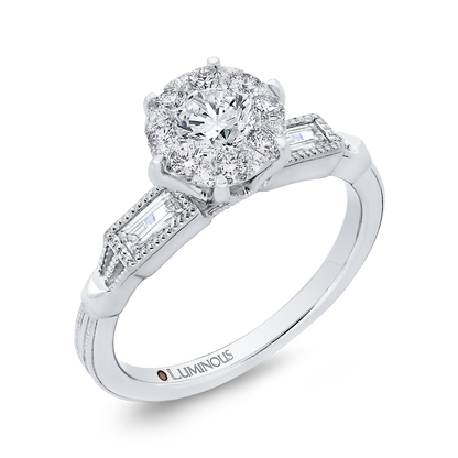 Round and Baguette Cut Diamond Engagement Ring in 14K White Gold