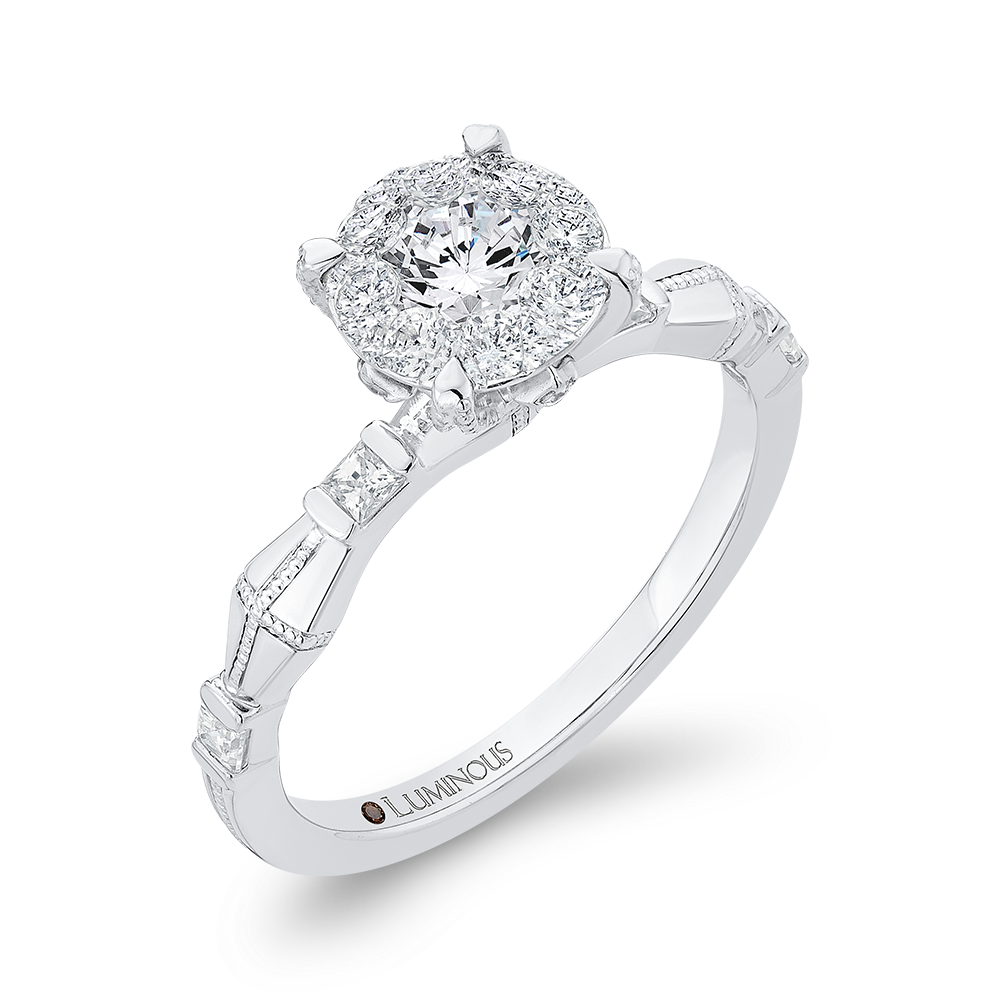 Round & Princess Cut Diamond Engagement Ring in 14K White Gold