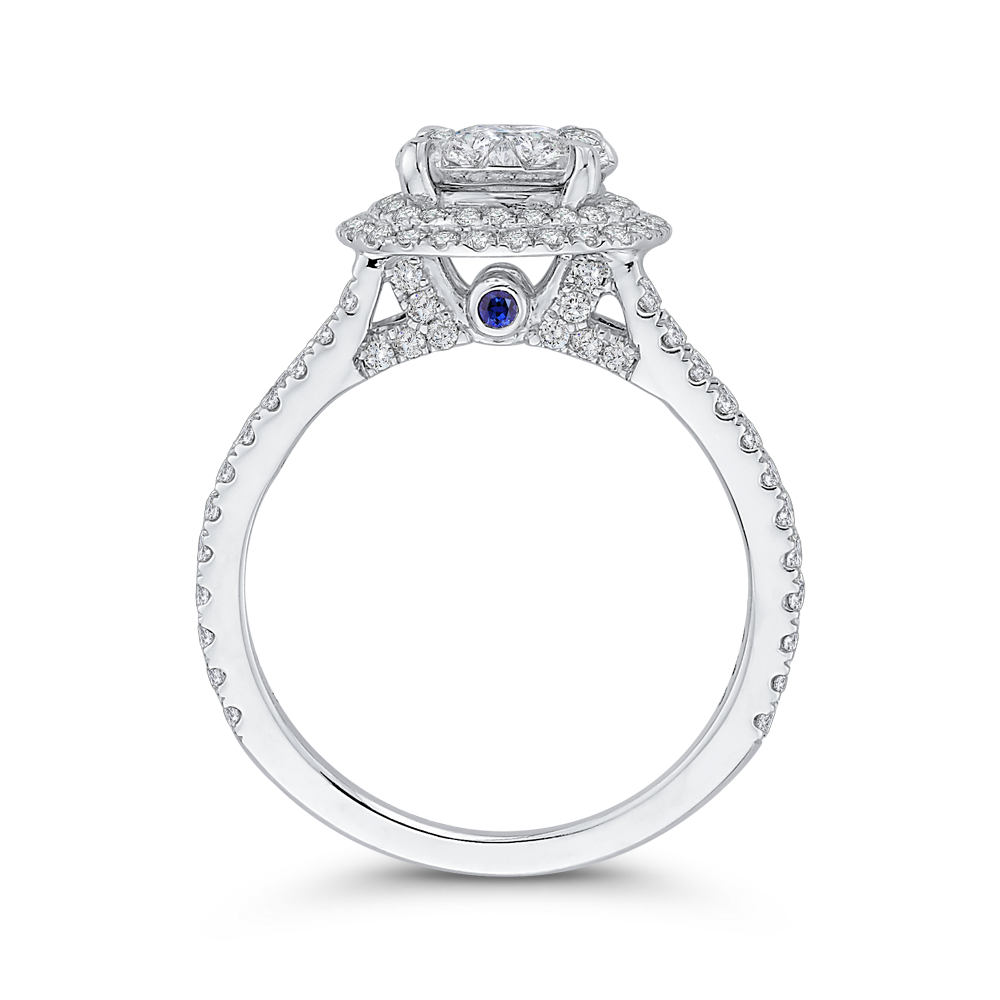 Round Diamond Double Halo Engagement Ring with Blue Sapphire in 14K White Gold