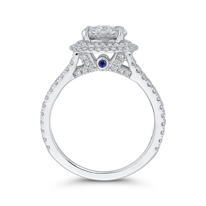 Round Diamond Double Halo Engagement Ring with Blue Sapphire in 14K White Gold