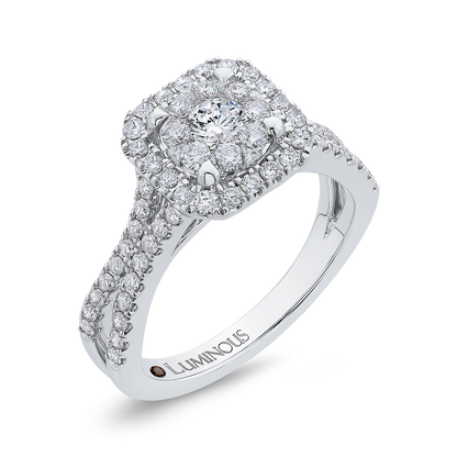 Split Shank Round Diamond Halo Engagement Ring in 14K White Gold