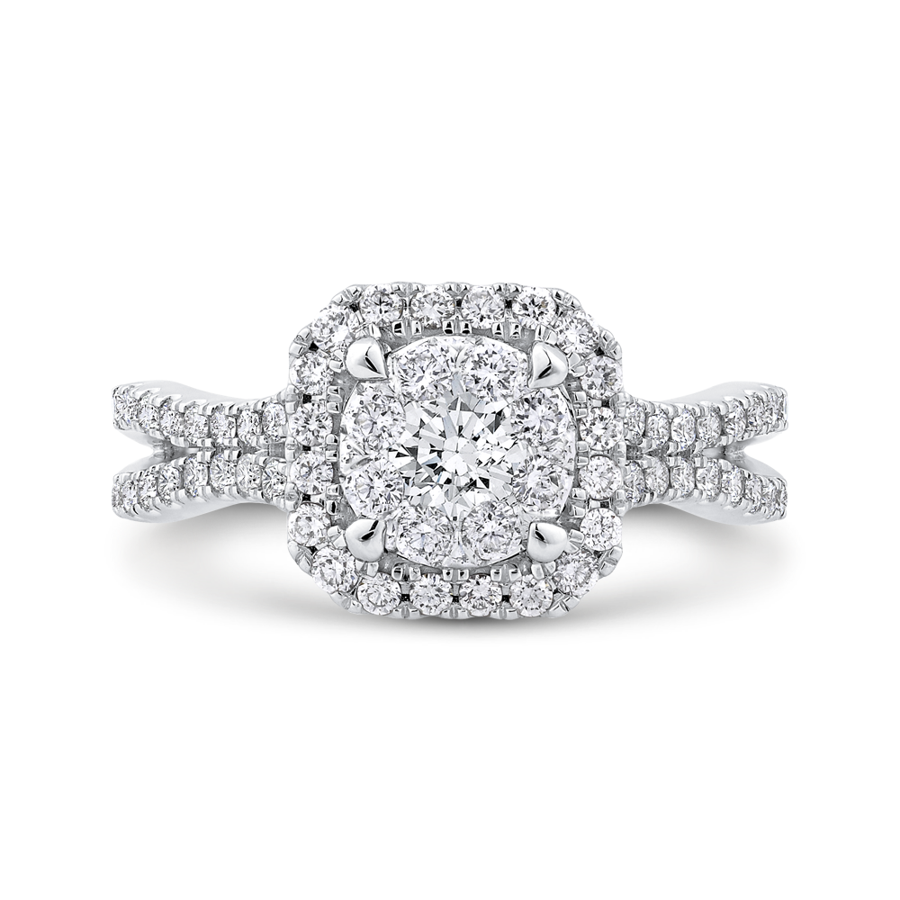 Split Shank Round Diamond Halo Engagement Ring in 14K White Gold