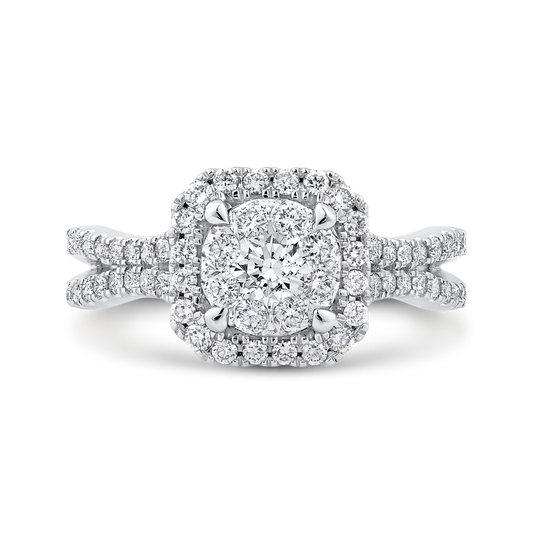 Split Shank Round Diamond Halo Engagement Ring in 14K White Gold