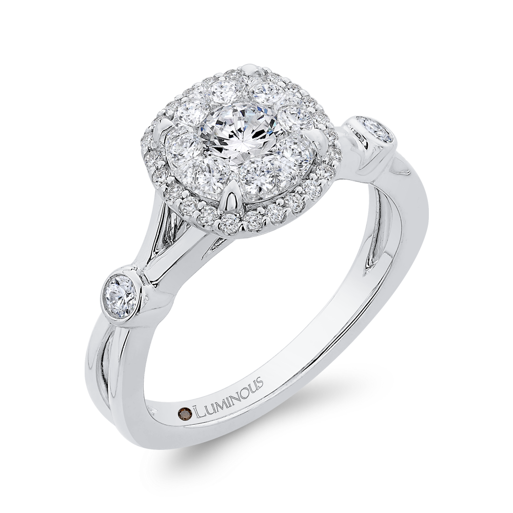 Split Shank Round Diamond Halo Engagement Ring in 14K White Gold