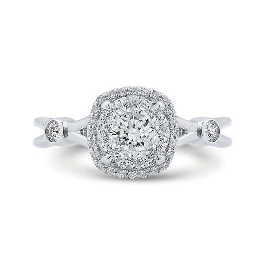 Split Shank Round Diamond Halo Engagement Ring in 14K White Gold