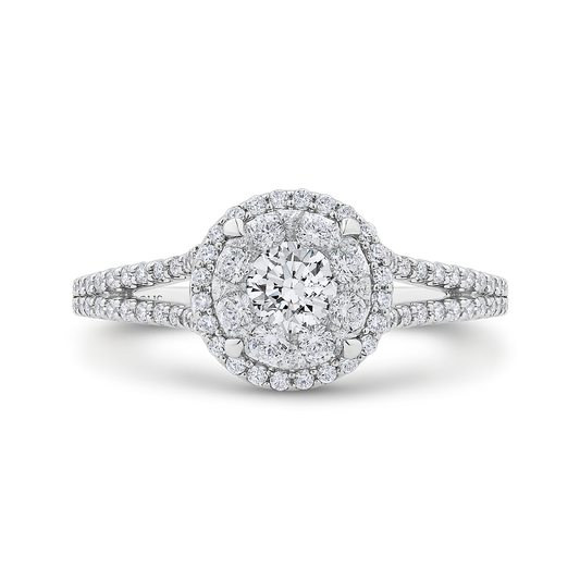 Split Shank Round Diamond Halo Engagement Ring in 14K White Gold