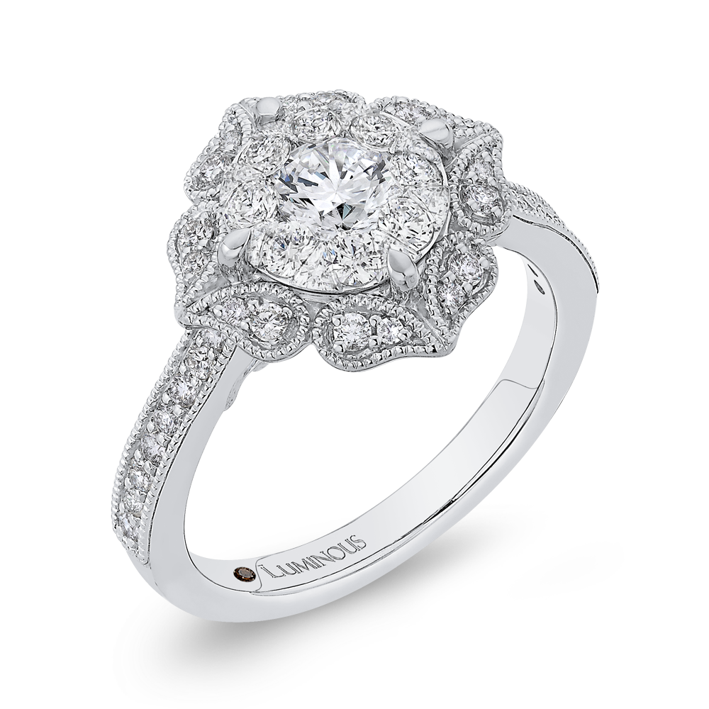 Diamond Flower Shape Engagement Ring in 14K White Gold