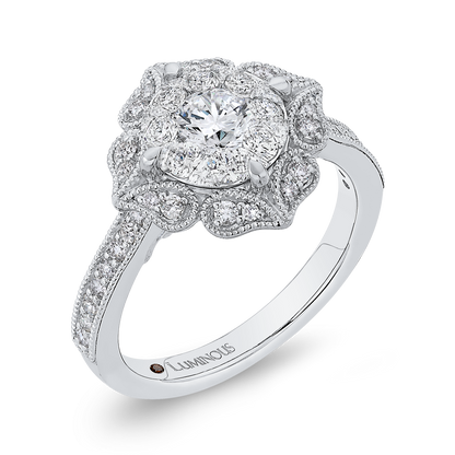 Diamond Flower Shape Engagement Ring in 14K White Gold