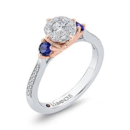 Round Diamond Three-Stone Engagement Ring with Blue Sapphire in 14K Two Tone Gold