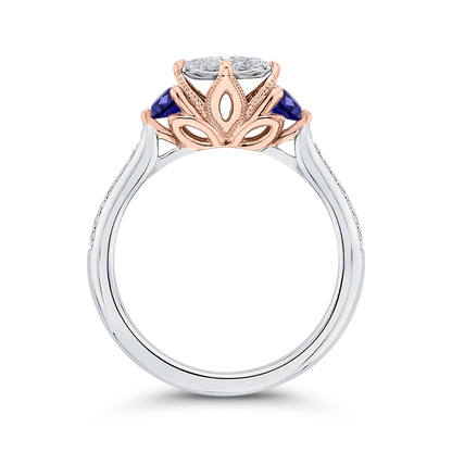 Round Diamond Three-Stone Engagement Ring with Blue Sapphire in 14K Two Tone Gold