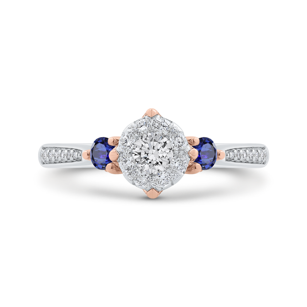 Round Diamond Three-Stone Engagement Ring with Blue Sapphire in 14K Two Tone Gold