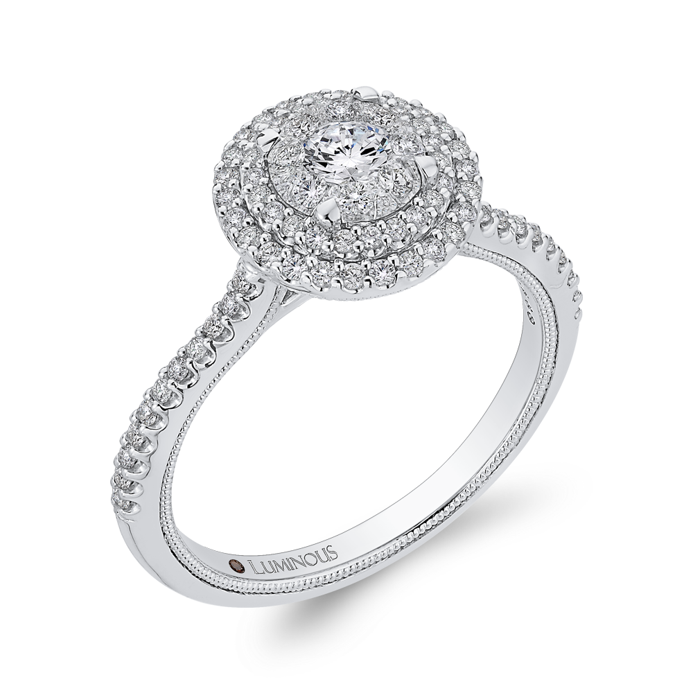 Round Diamond Double Halo Engagement Ring in 14K White Gold