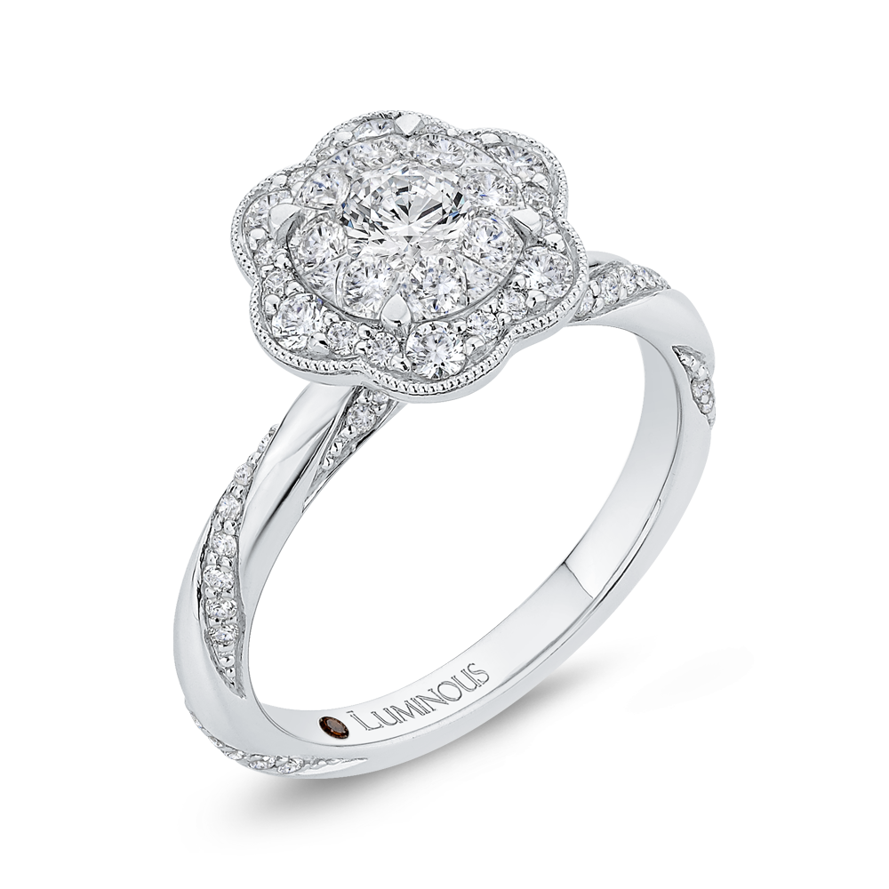 Round Diamond Flower Style Engagement Ring in 14K White Gold