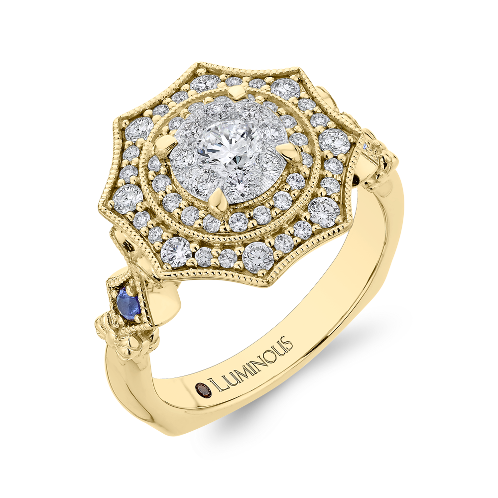 Round Diamond Double Halo Engagement Ring with Blue Sapphire in 14K Two Tone Gold