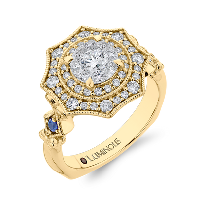 Round Diamond Double Halo Engagement Ring with Blue Sapphire in 14K Two Tone Gold