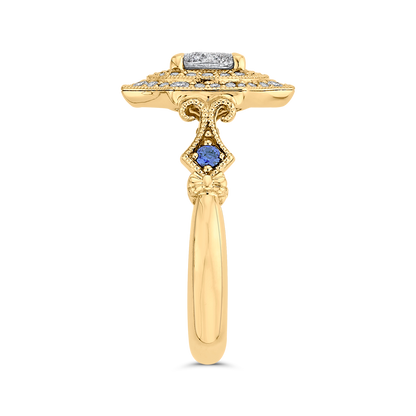 Round Diamond Double Halo Engagement Ring with Blue Sapphire in 14K Two Tone Gold