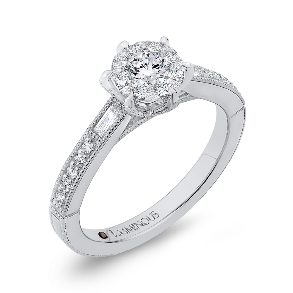 Round & Baguette Cut Diamond Engagement Ring in 14K White Gold