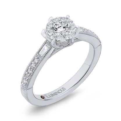 Round & Baguette Cut Diamond Engagement Ring in 14K White Gold