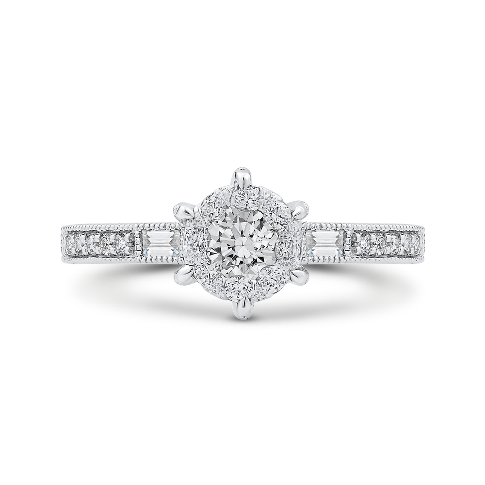 Round & Baguette Cut Diamond Engagement Ring in 14K White Gold