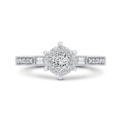 Round & Baguette Cut Diamond Engagement Ring in 14K White Gold