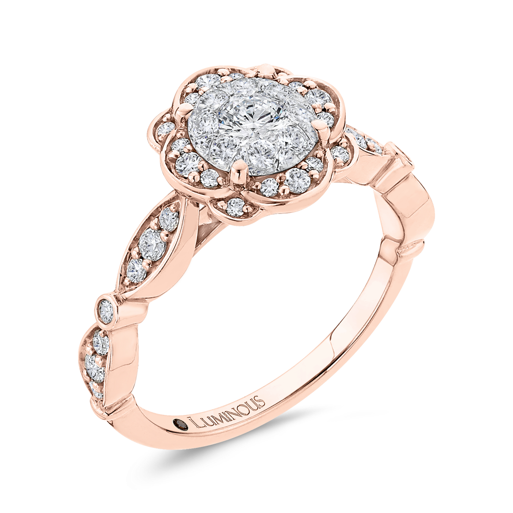 Round Diamond Flower Engagement Ring in 14K Two Tone Gold