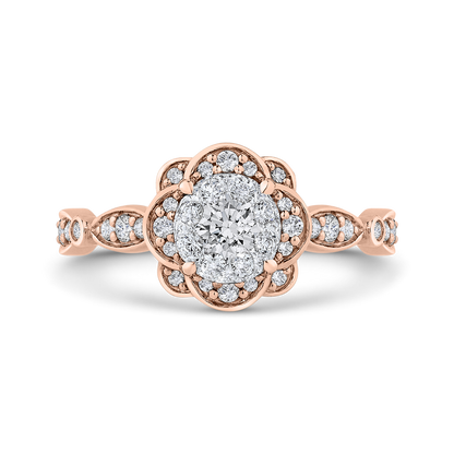 Round Diamond Flower Engagement Ring in 14K Two Tone Gold