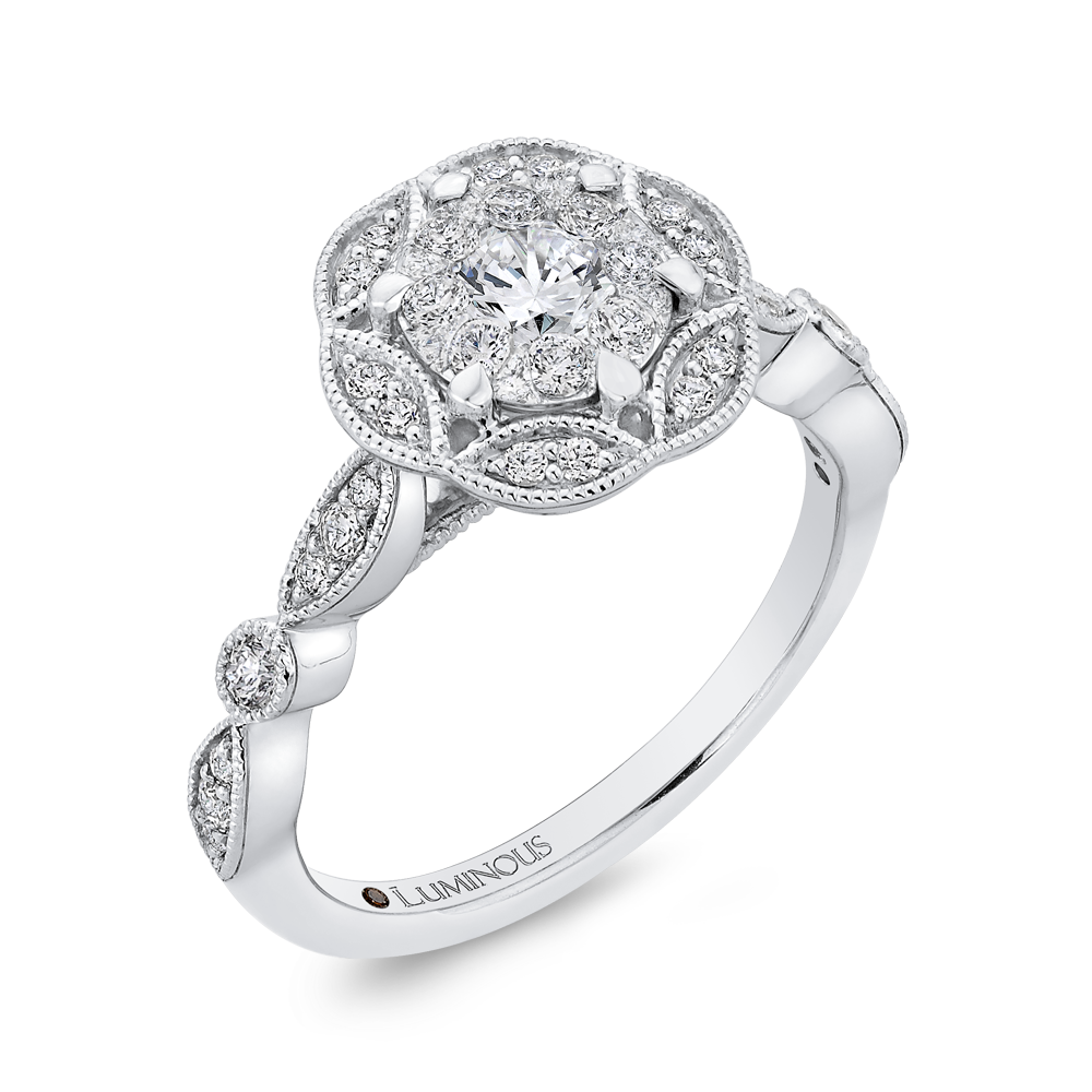 Round Diamond Flower Engagement Ring in 14K White Gold