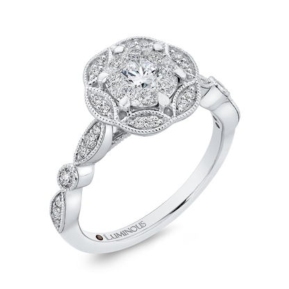 Round Diamond Flower Engagement Ring in 14K White Gold