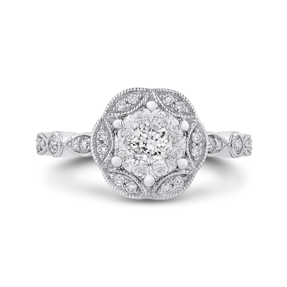 Round Diamond Flower Engagement Ring in 14K White Gold