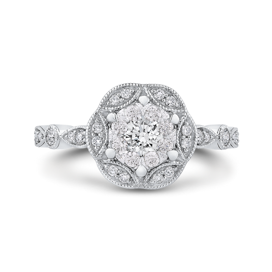 Round Diamond Flower Engagement Ring in 14K White Gold