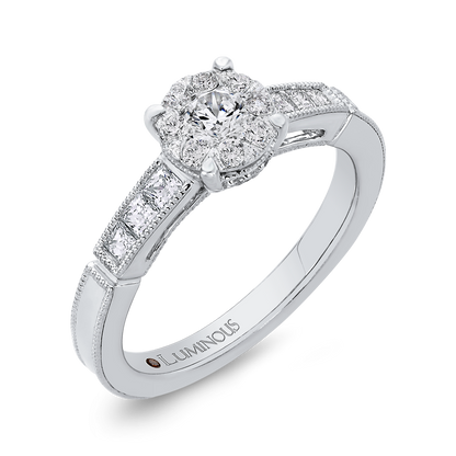 Round & Princess Cut Diamond Engagement Ring in 14K White Gold