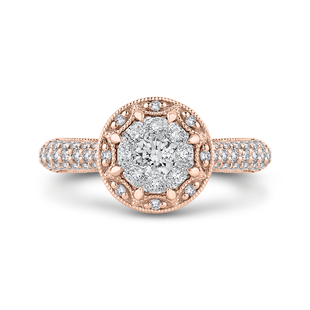 Round Diamond Flower Engagement Ring in 14K Two Tone Gold