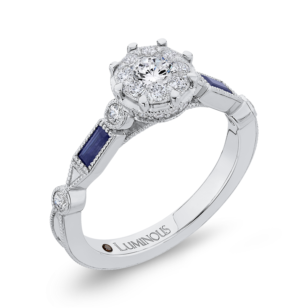 Round Diamond Engagement Ring with Baguette Cut Blue Sapphire in 14K White Gold