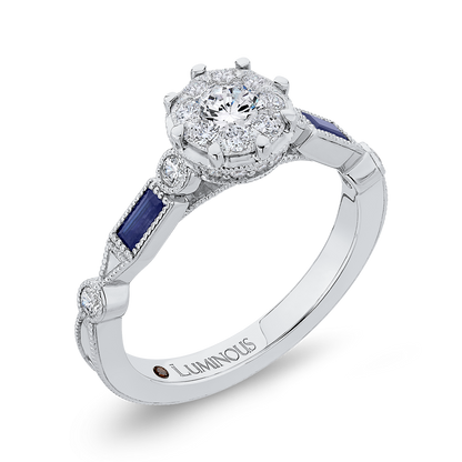 Round Diamond Engagement Ring with Baguette Cut Blue Sapphire in 14K White Gold