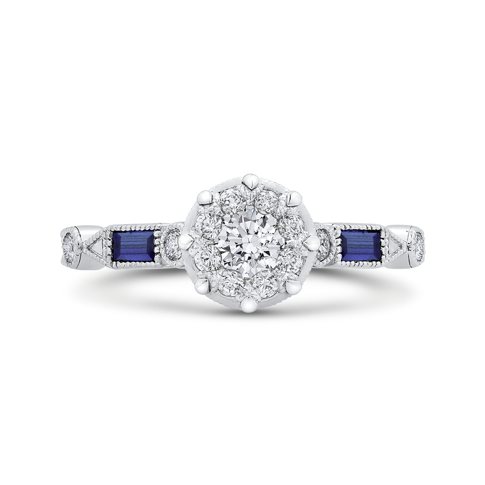 Round Diamond Engagement Ring with Baguette Cut Blue Sapphire in 14K White Gold