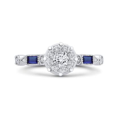 Round Diamond Engagement Ring with Baguette Cut Blue Sapphire in 14K White Gold