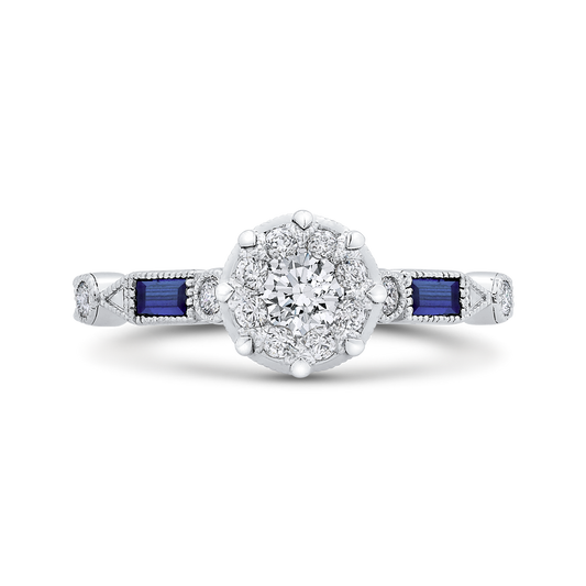 Round Diamond Engagement Ring with Baguette Cut Blue Sapphire in 14K White Gold