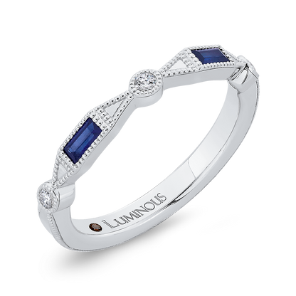 Round Diamond Wedding Band with Sapphire in 14K White Gold