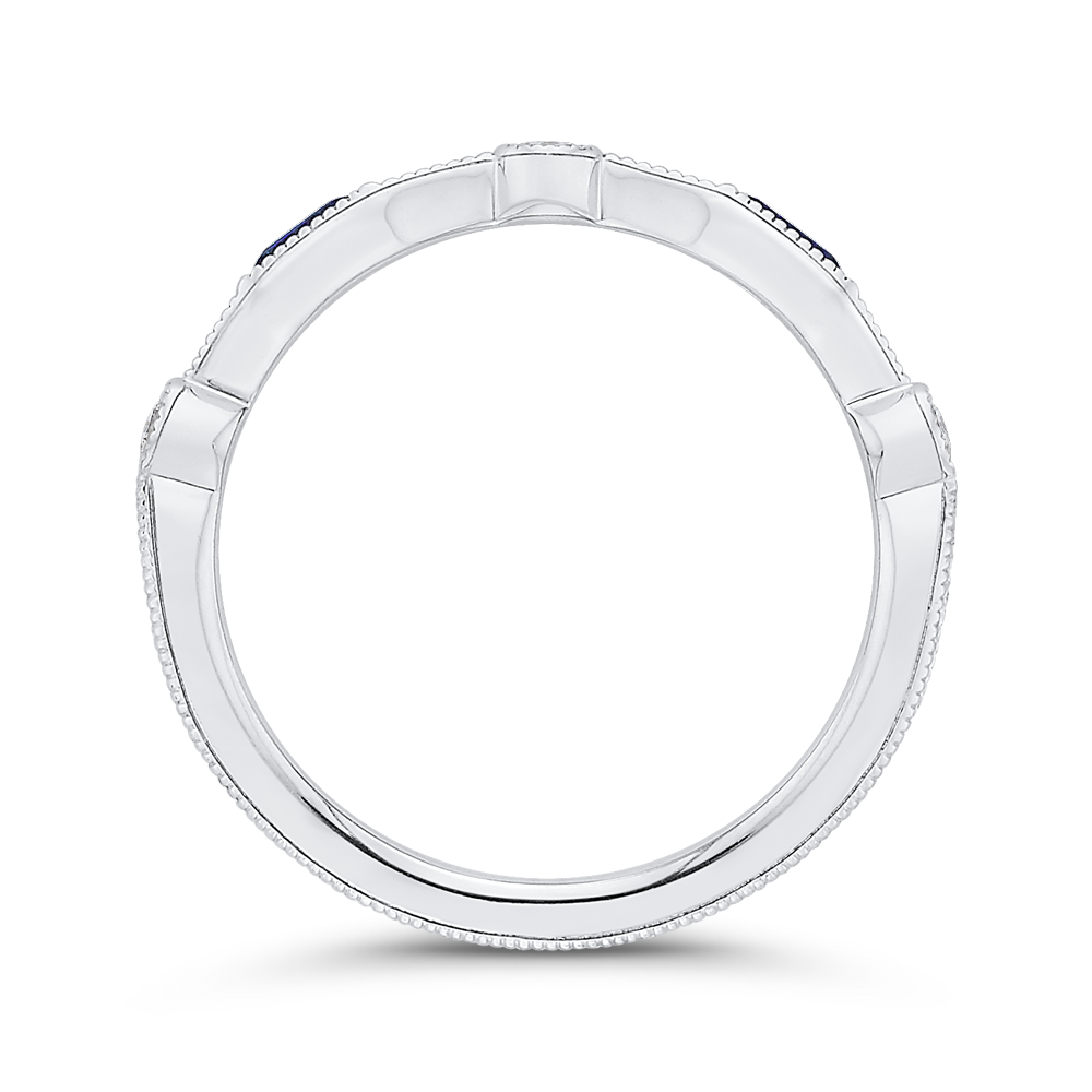 Round Diamond Wedding Band with Sapphire in 14K White Gold