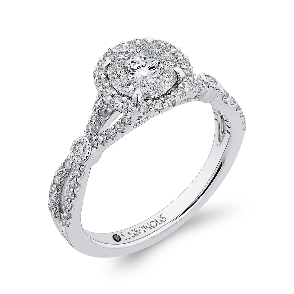 Split Shank Round Diamond Halo Engagement Ring in 14K White Gold