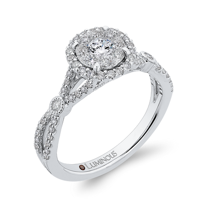 Split Shank Round Diamond Halo Engagement Ring in 14K White Gold