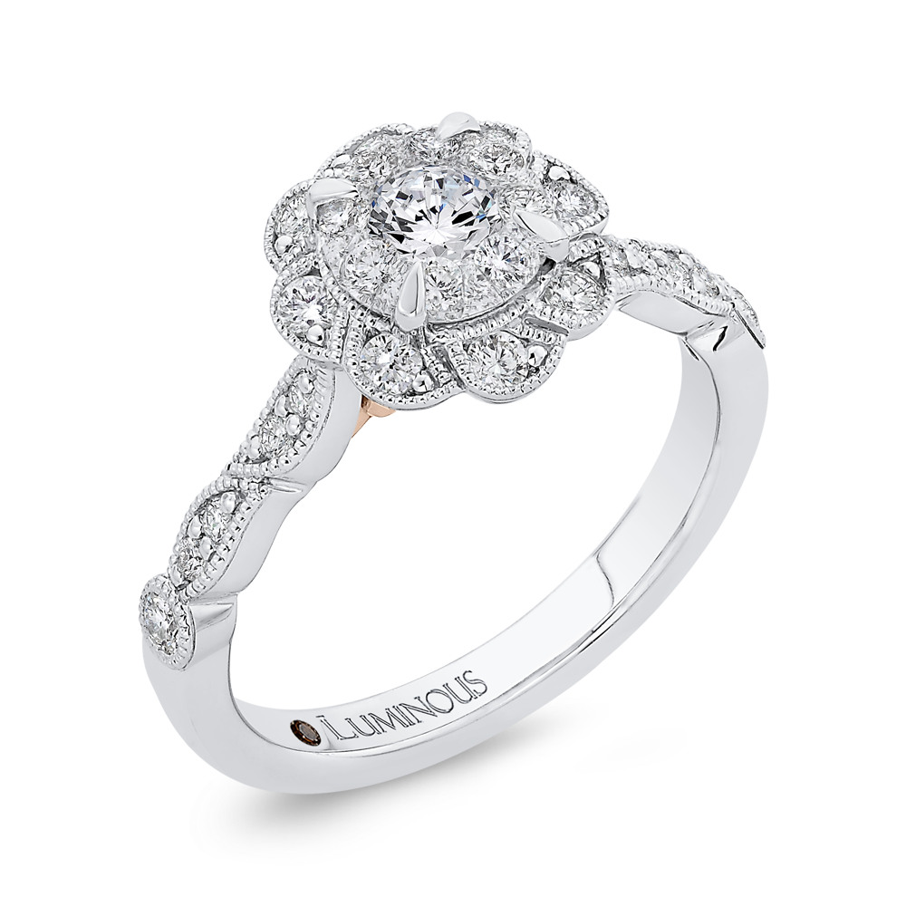 Round Diamond Floral Engagement Ring in 14K Two Tone Gold